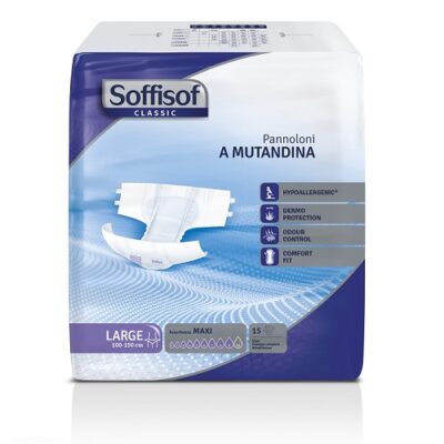 A pack of Soffisof All-in-one Large Maxi incontinence pads